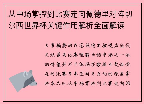 从中场掌控到比赛走向佩德里对阵切尔西世界杯关键作用解析全面解读