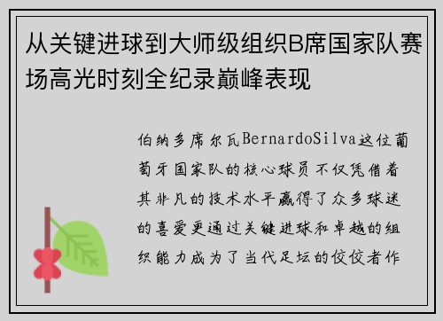 从关键进球到大师级组织B席国家队赛场高光时刻全纪录巅峰表现